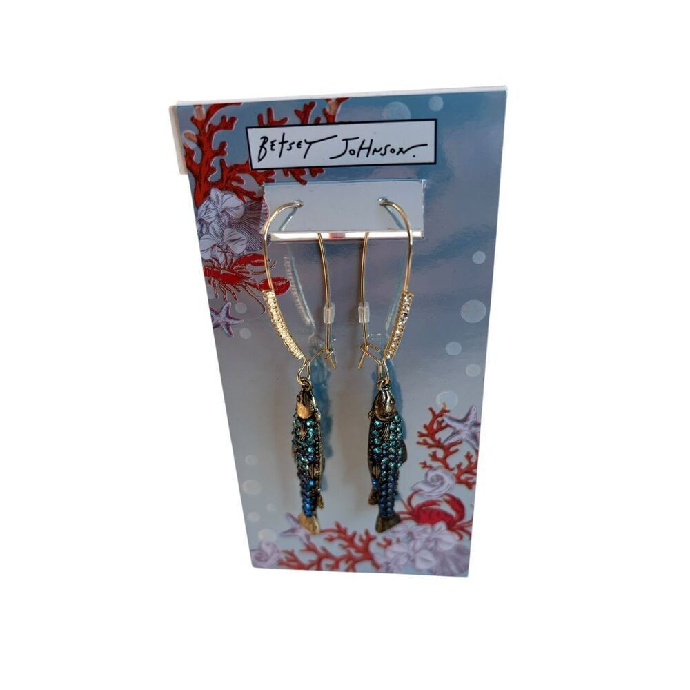 Betsey Johnson Gold Toned Fish Drop Earrings w/ Blue Ombré Glass Crystals.